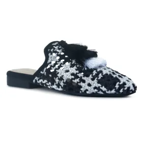 Black Woven Flat Mules With Tassels