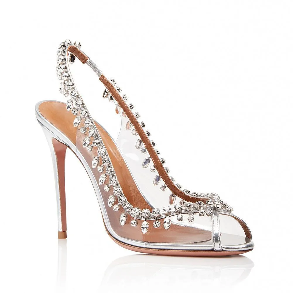 Bridal clear peep toe rhinestone slingback high wedding heels