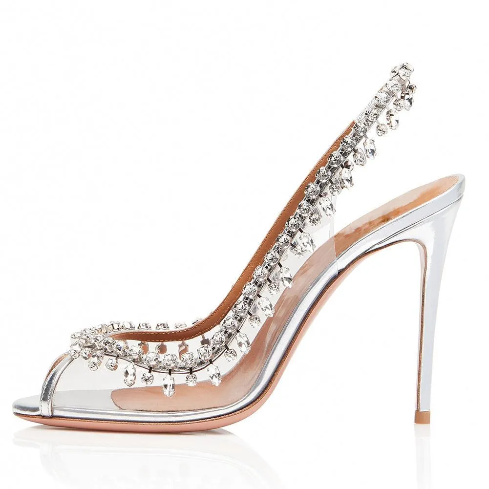 Bridal clear peep toe rhinestone slingback high wedding heels