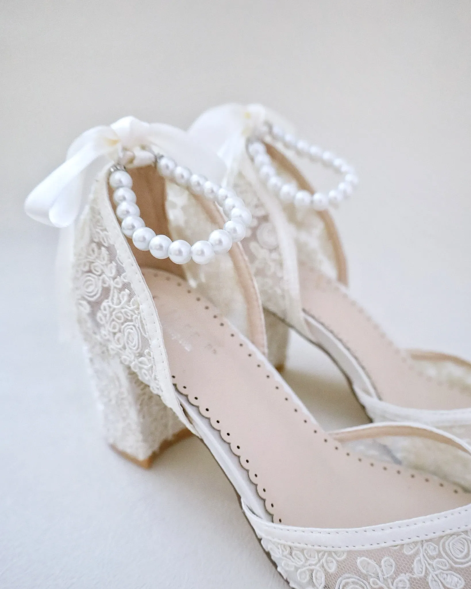 Bridal Lace Block Heel with All Pearls Ankle Strap