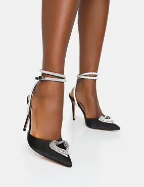 Cupid Black Satin Diamante Heart Wrap Around Pointed Court Stiletto Heels