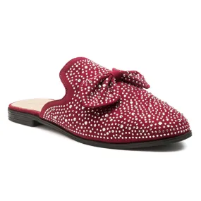 Embellished Casual Bow Mules in Burgundy