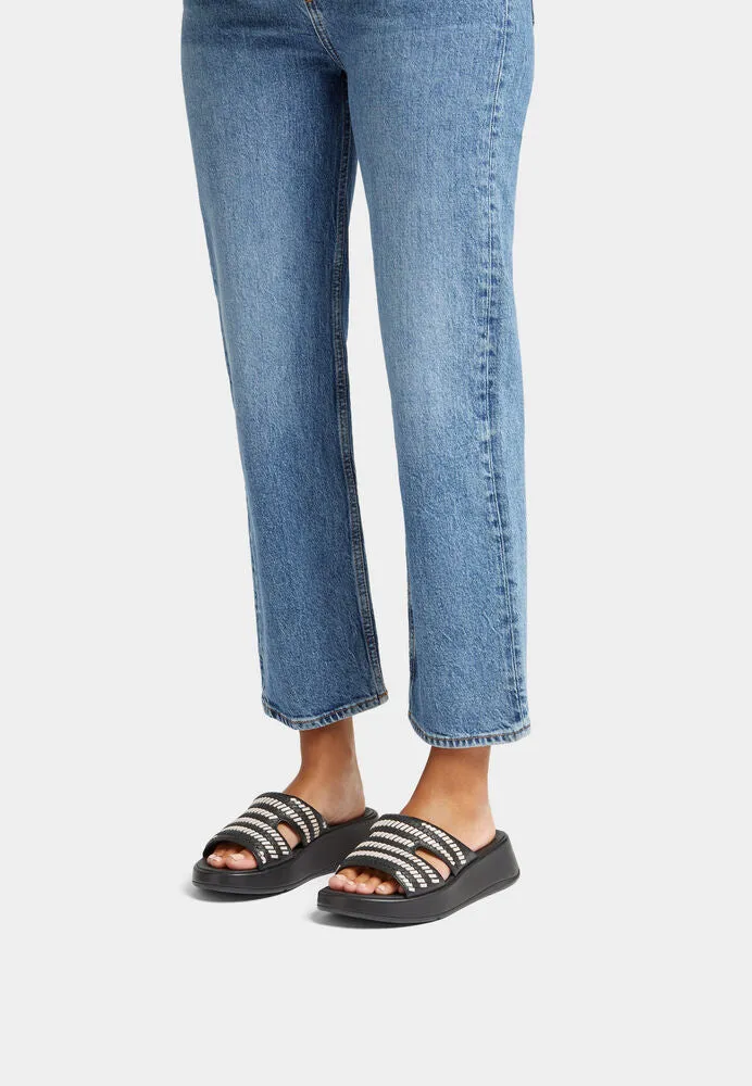 FitFlop F-Mode Woven Leather Flatform H-Bar Sandals Black