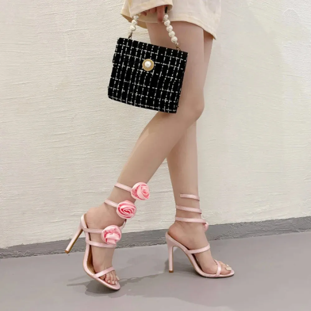 Floral Lace-Up Heels Open Toe Wedding Sandals