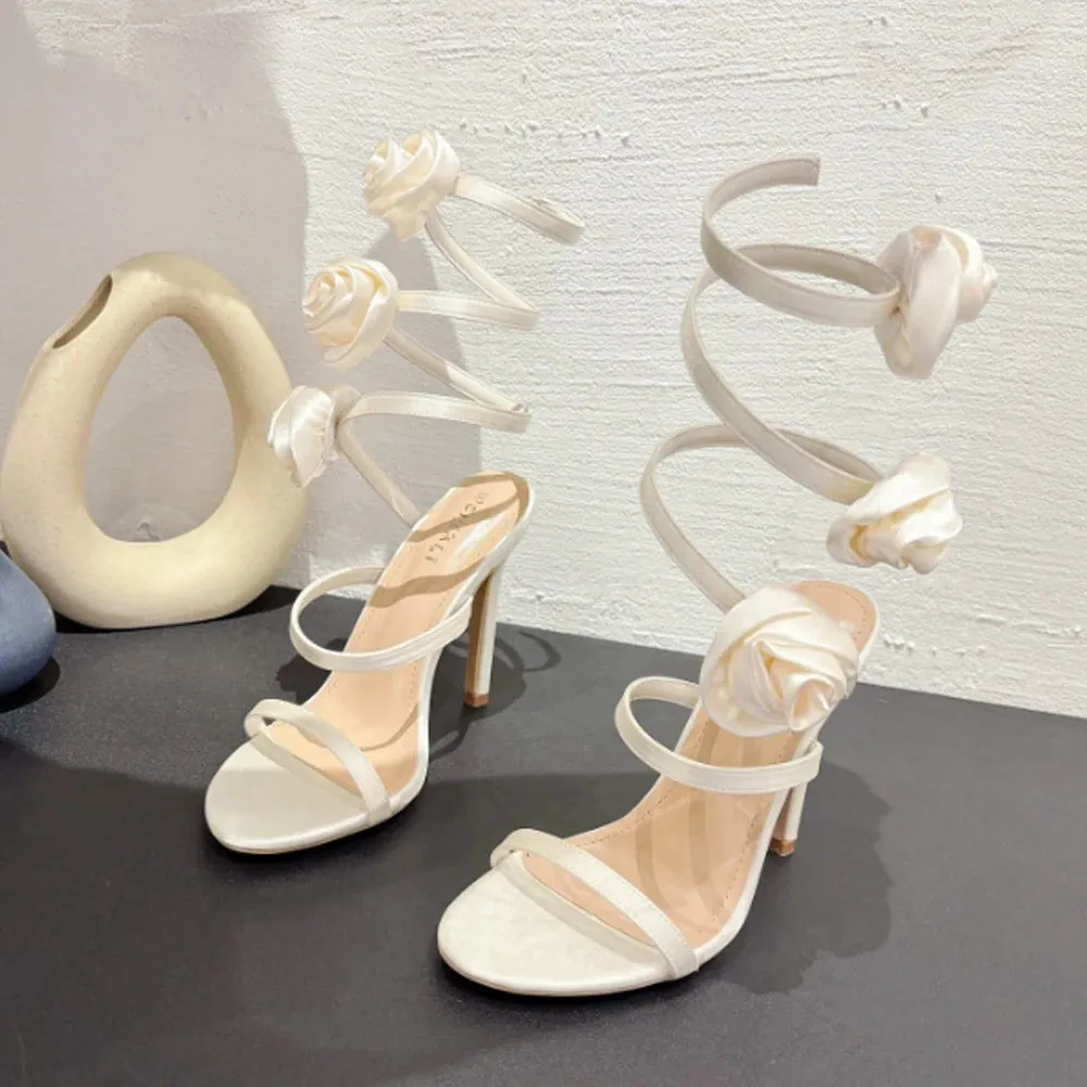 Floral Lace-Up Heels Open Toe Wedding Sandals