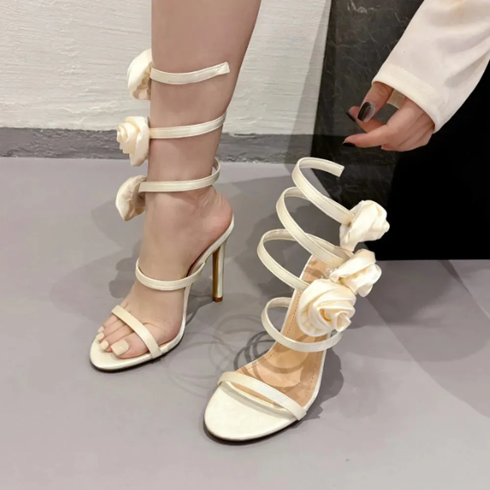 Floral Lace-Up Heels Open Toe Wedding Sandals