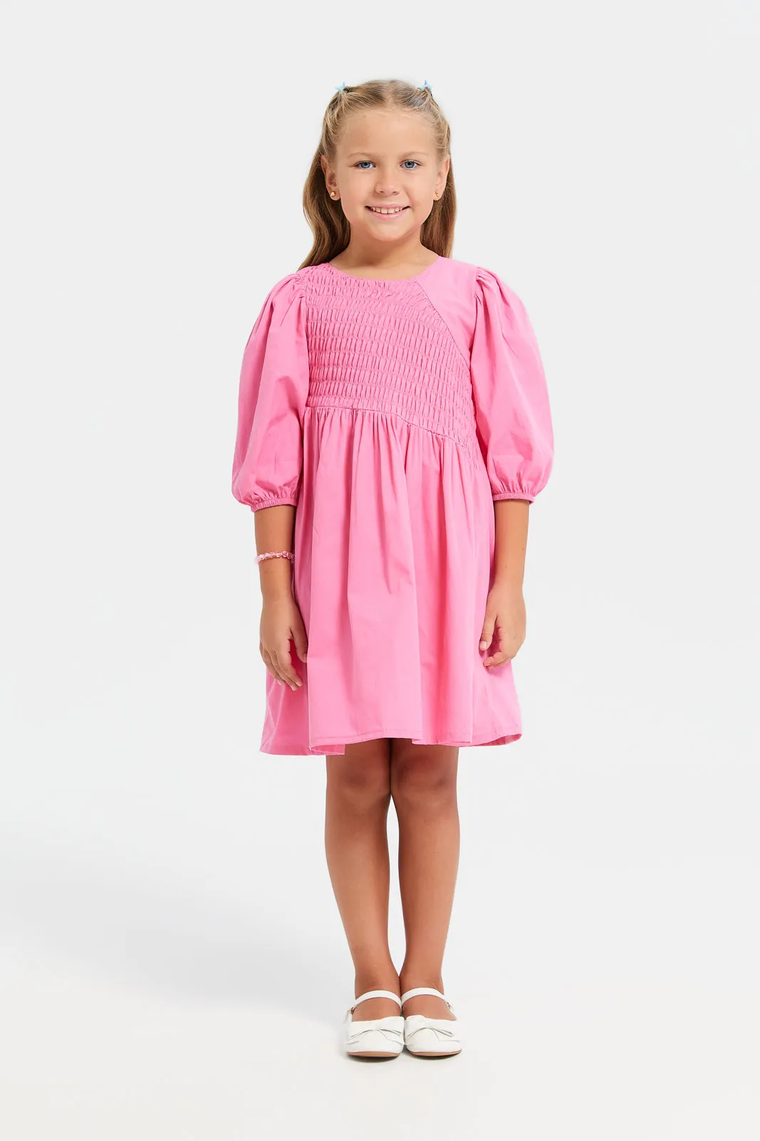 Girls Pink Smocked Poplin Dress
