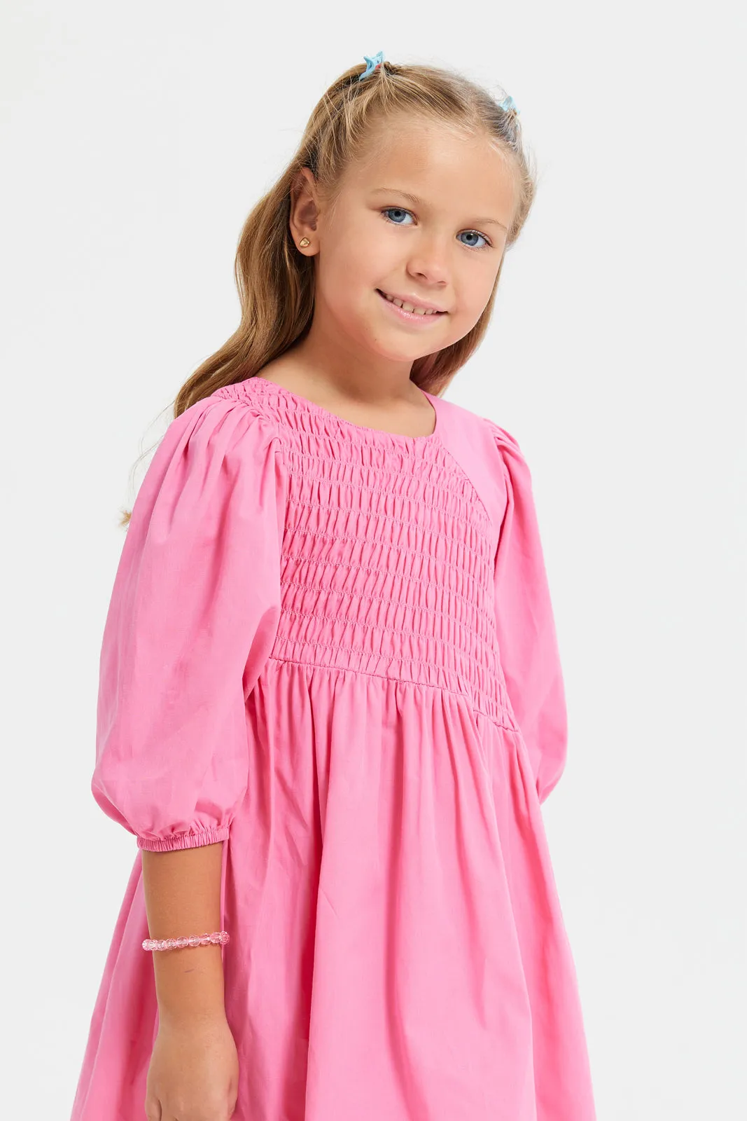 Girls Pink Smocked Poplin Dress
