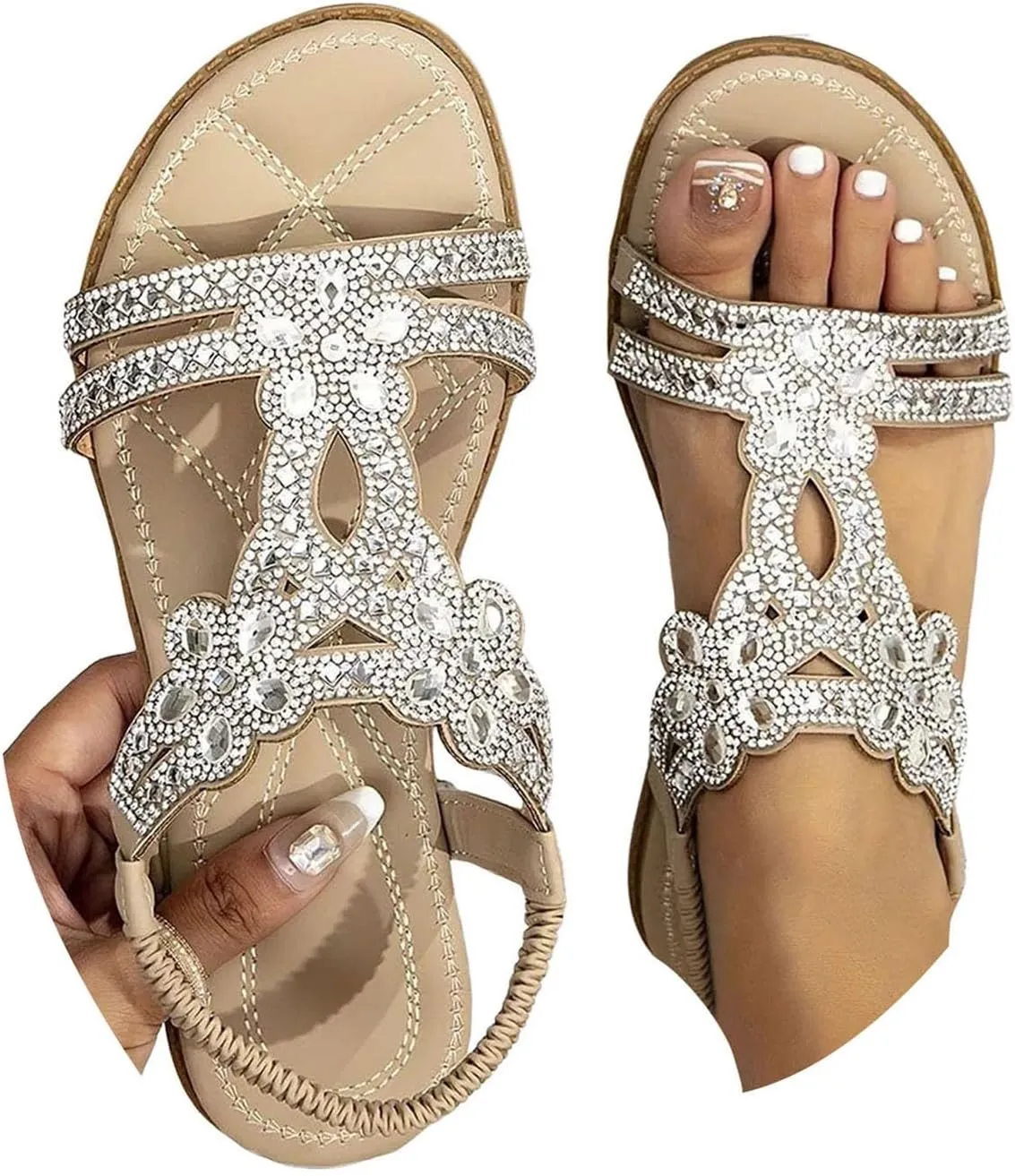 Glitter Sandals Women's Summer Elegant Flat Beach Shoes Girls Summer Shoes Women Comfortable Soft Wide Foot Bohemian Sandals for Women