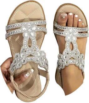 Glitter Sandals Women's Summer Elegant Flat Beach Shoes Girls Summer Shoes Women Comfortable Soft Wide Foot Bohemian Sandals for Women
