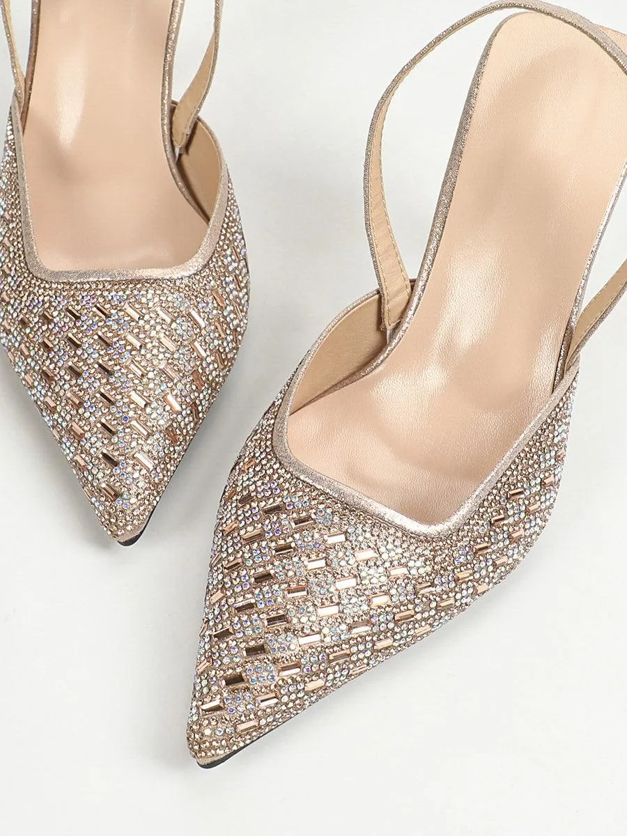 Gold Retro Pointed Rhinestone Chunky Heels MHE1114