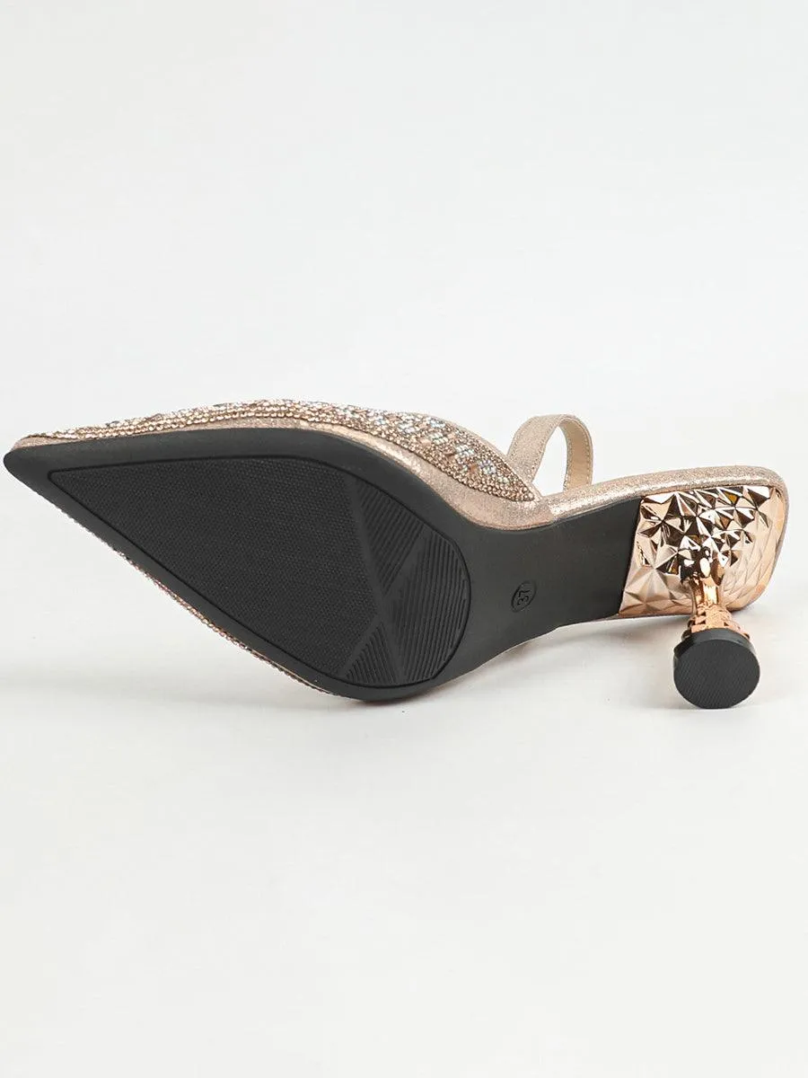 Gold Retro Pointed Rhinestone Chunky Heels MHE1114