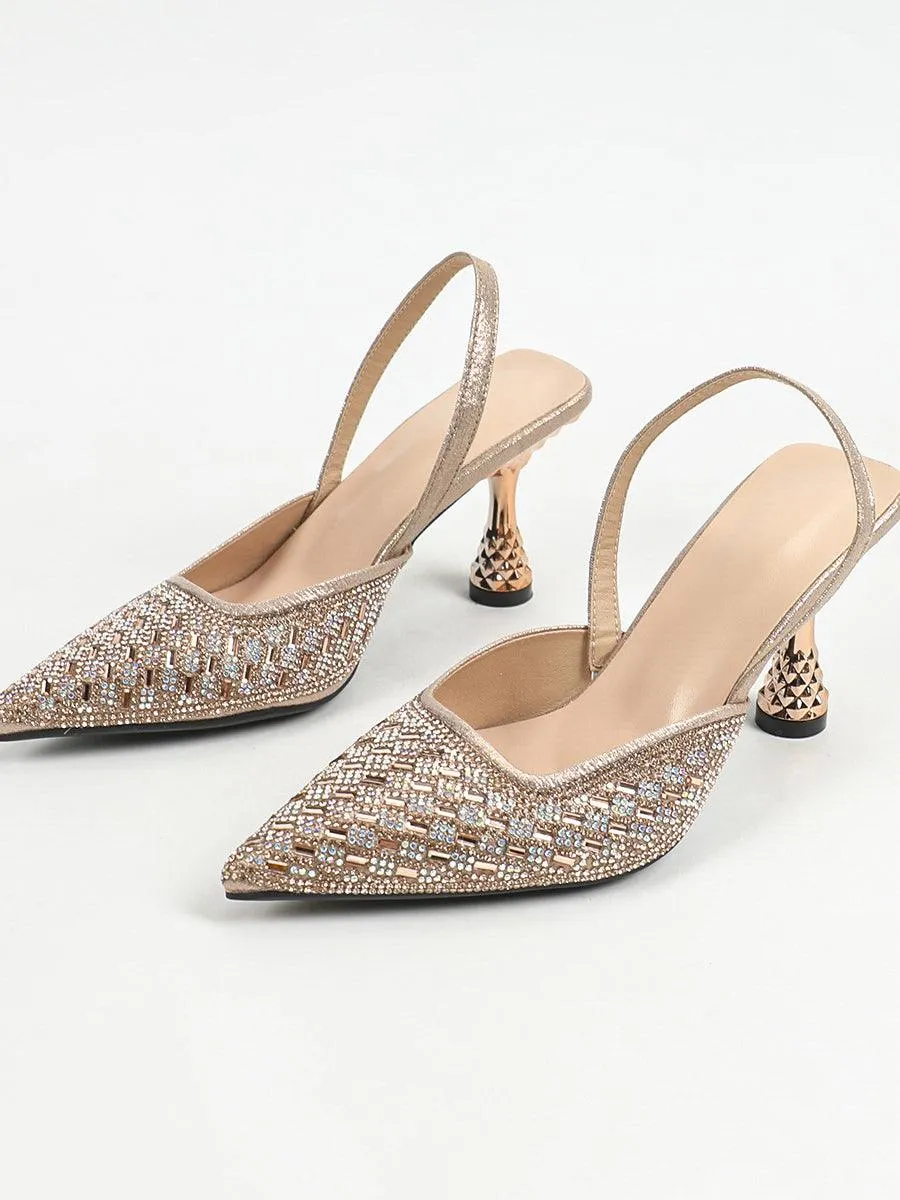 Gold Retro Pointed Rhinestone Chunky Heels MHE1114