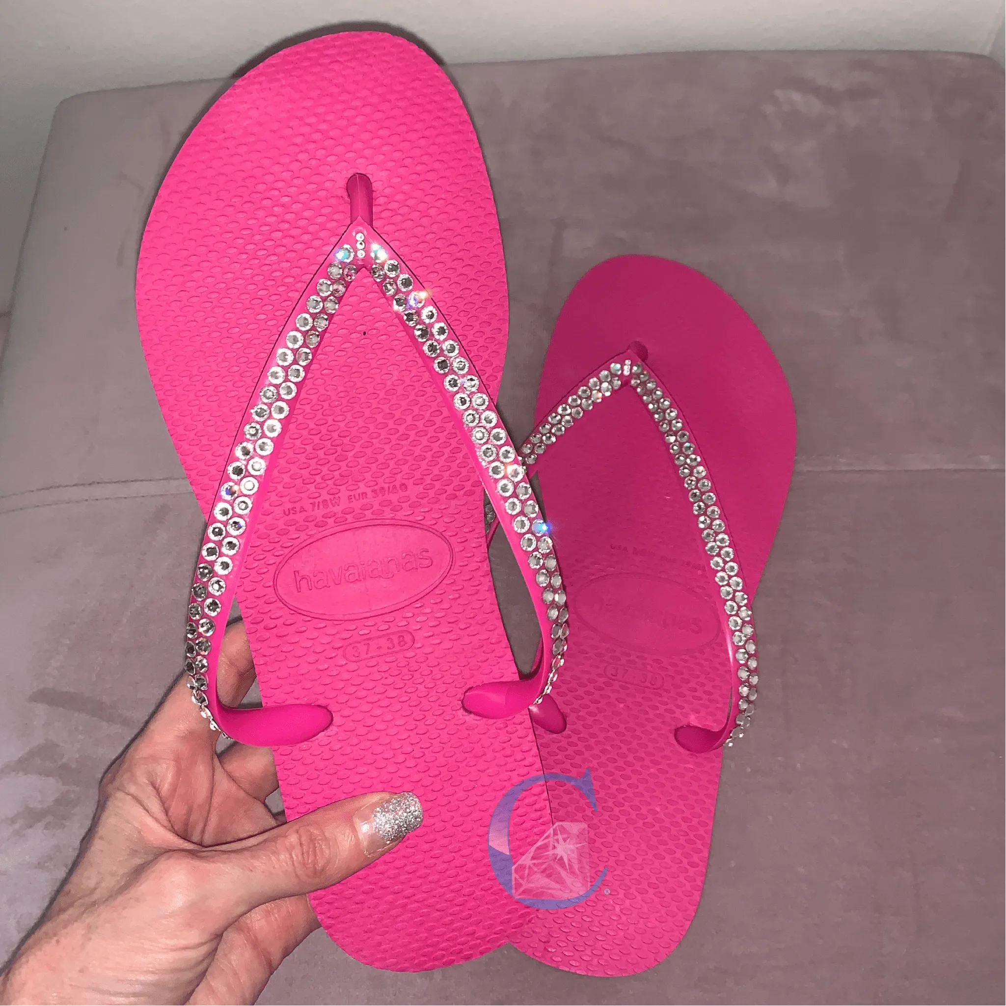 Hot Pink Thin Strap Havaiana/Crystal - 2 Rows *