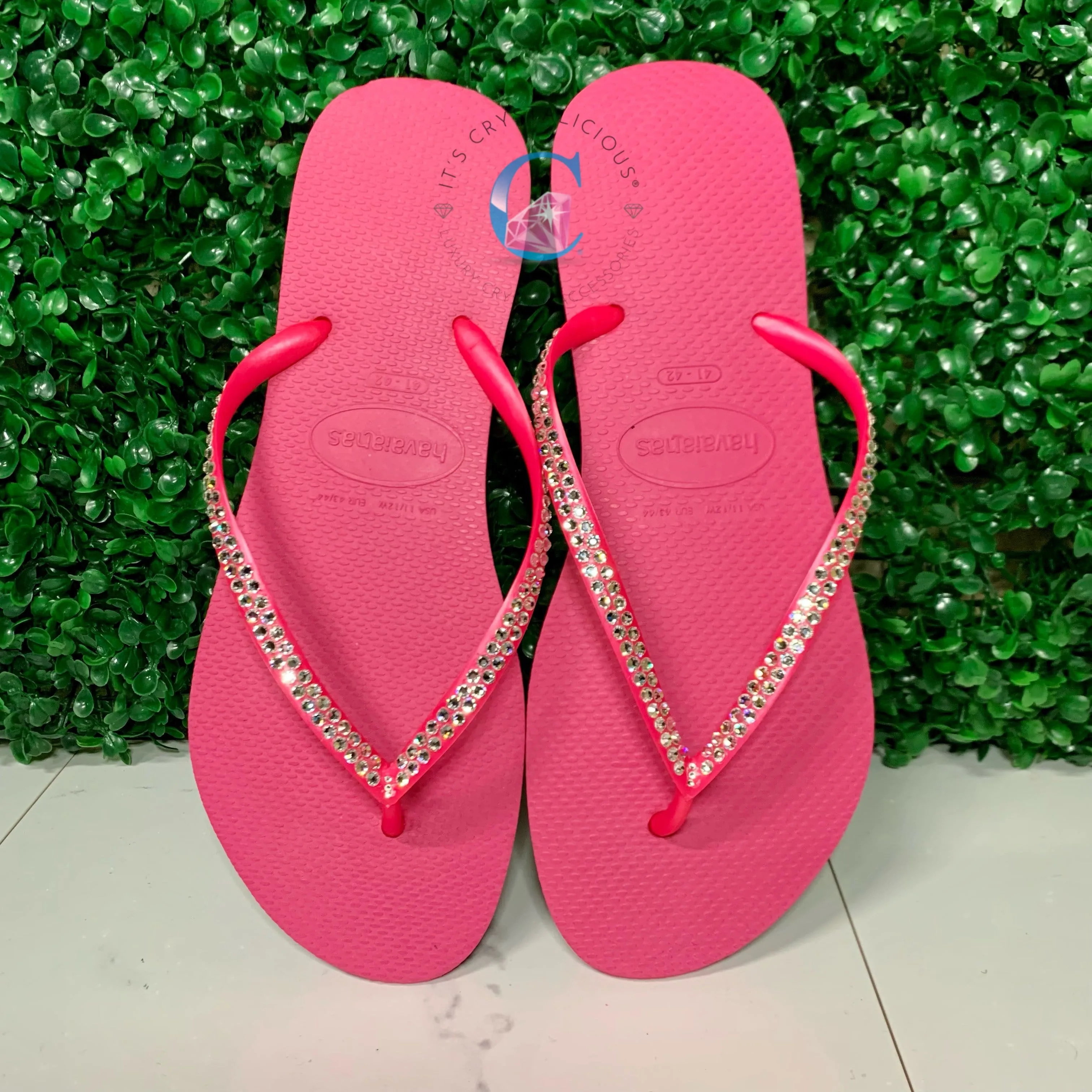 Hot Pink Thin Strap Havaiana/Crystal - 2 Rows *
