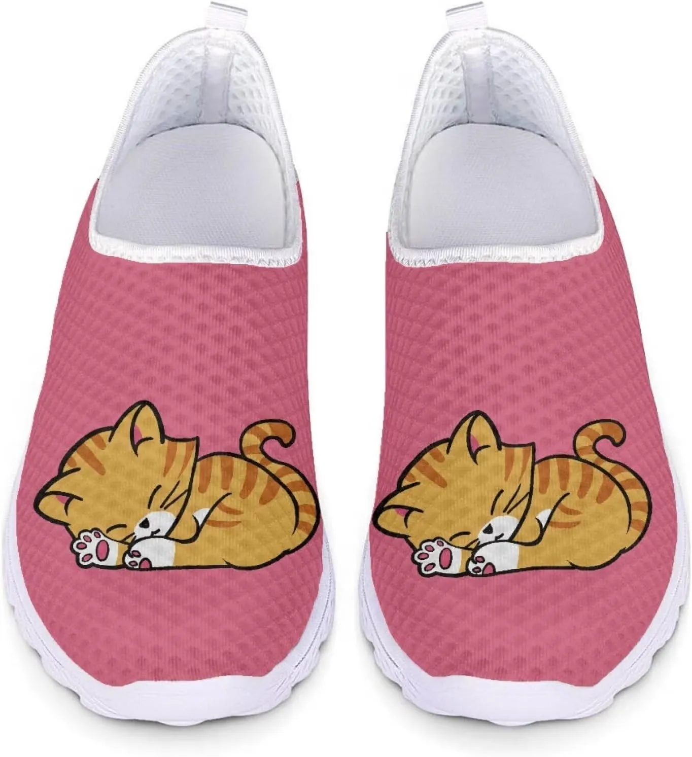 HUIACONG Yellow Cat Women Running Shoes Pink Cute Ladies Slip On Trainer Size 7 Breathable Flat for Teen Girls Breathable Lightweight Sneaker for Gym Climbing