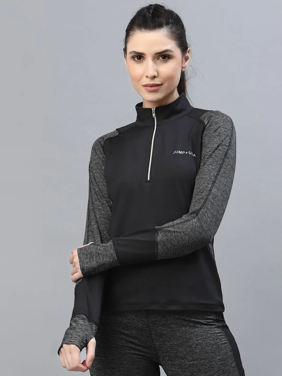 JUMP USA Women Black & Dark Anthra Solid Rapid-Dry Outdoor T-shirt