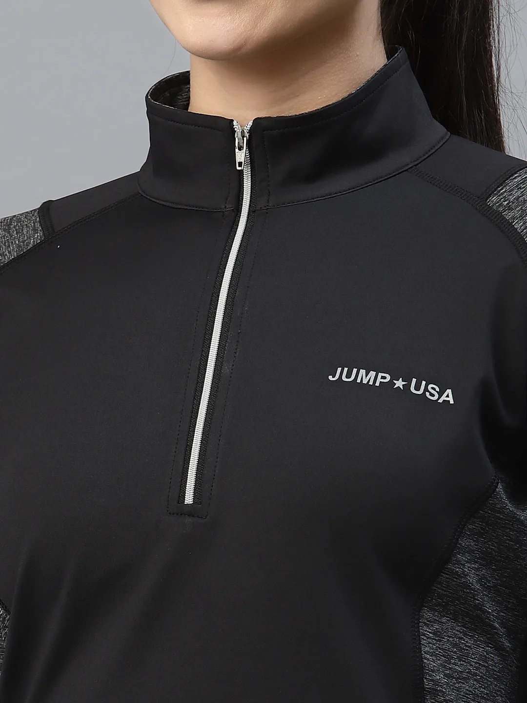 JUMP USA Women Black & Dark Anthra Solid Rapid-Dry Outdoor T-shirt