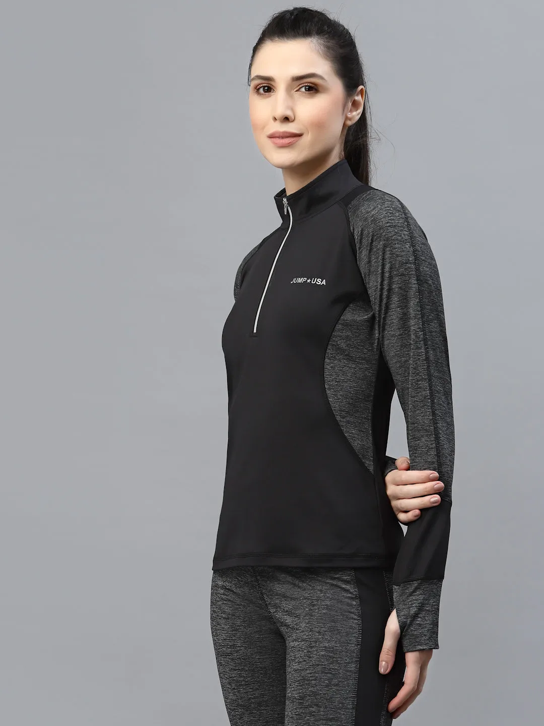 JUMP USA Women Black & Dark Anthra Solid Rapid-Dry Outdoor T-shirt
