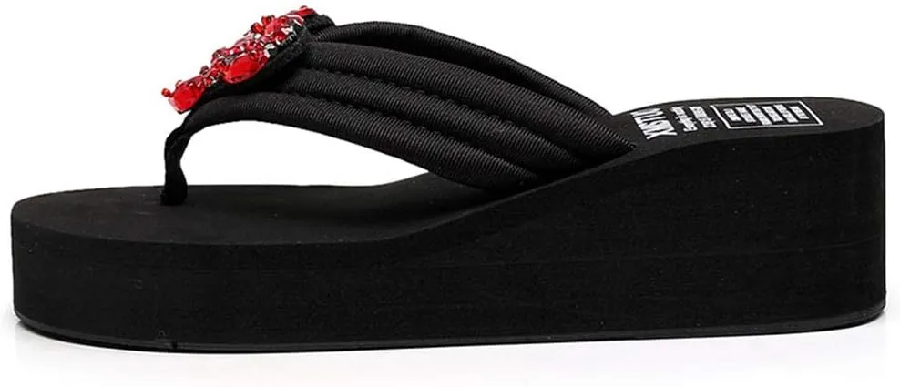 MIOKE Women's Summer Beach Wedge Flipflops Sparkly Rhinestone Platform Anti-Slip High Heel Thong Sandals
