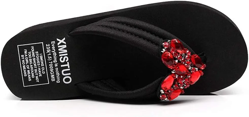 MIOKE Women's Summer Beach Wedge Flipflops Sparkly Rhinestone Platform Anti-Slip High Heel Thong Sandals