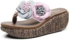 MIOKE Wome's Straw Platform Flipflops Bohemia Flowers Summer Comfort Nonslip Beach Wedge Thong Sandals