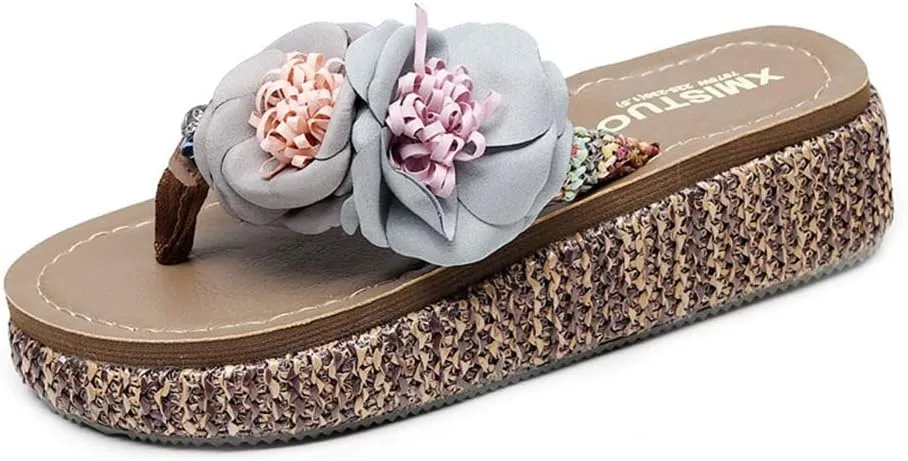 MIOKE Wome's Straw Platform Flipflops Bohemia Flowers Summer Comfort Nonslip Beach Wedge Thong Sandals