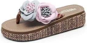 MIOKE Wome's Straw Platform Flipflops Bohemia Flowers Summer Comfort Nonslip Beach Wedge Thong Sandals