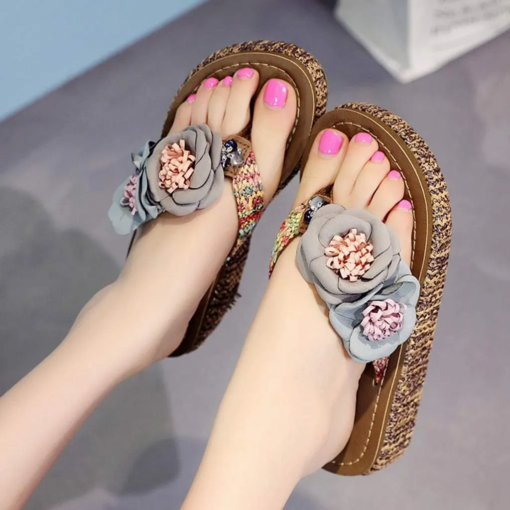MIOKE Wome's Straw Platform Flipflops Bohemia Flowers Summer Comfort Nonslip Beach Wedge Thong Sandals