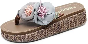 MIOKE Wome's Straw Platform Flipflops Bohemia Flowers Summer Comfort Nonslip Beach Wedge Thong Sandals