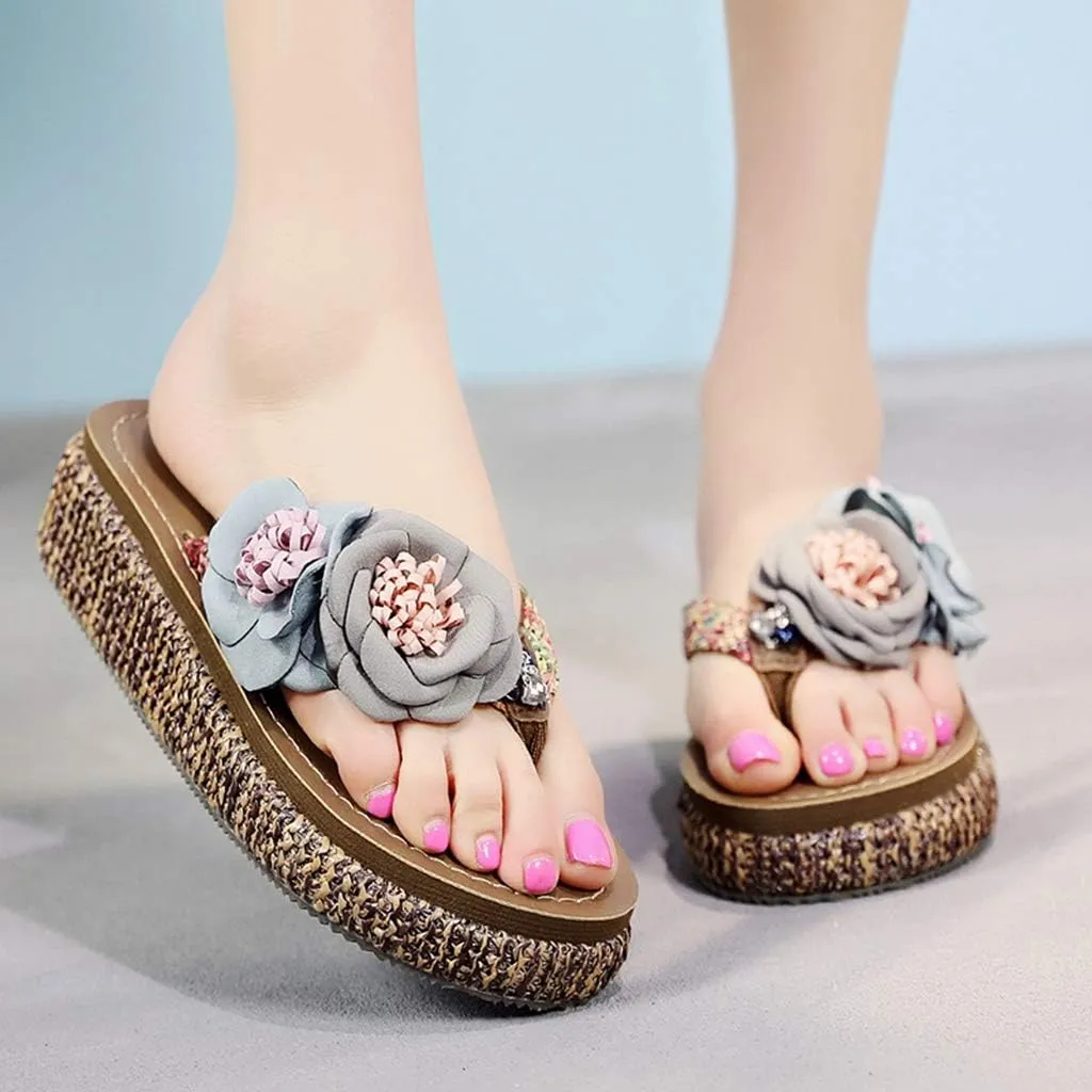 MIOKE Wome's Straw Platform Flipflops Bohemia Flowers Summer Comfort Nonslip Beach Wedge Thong Sandals