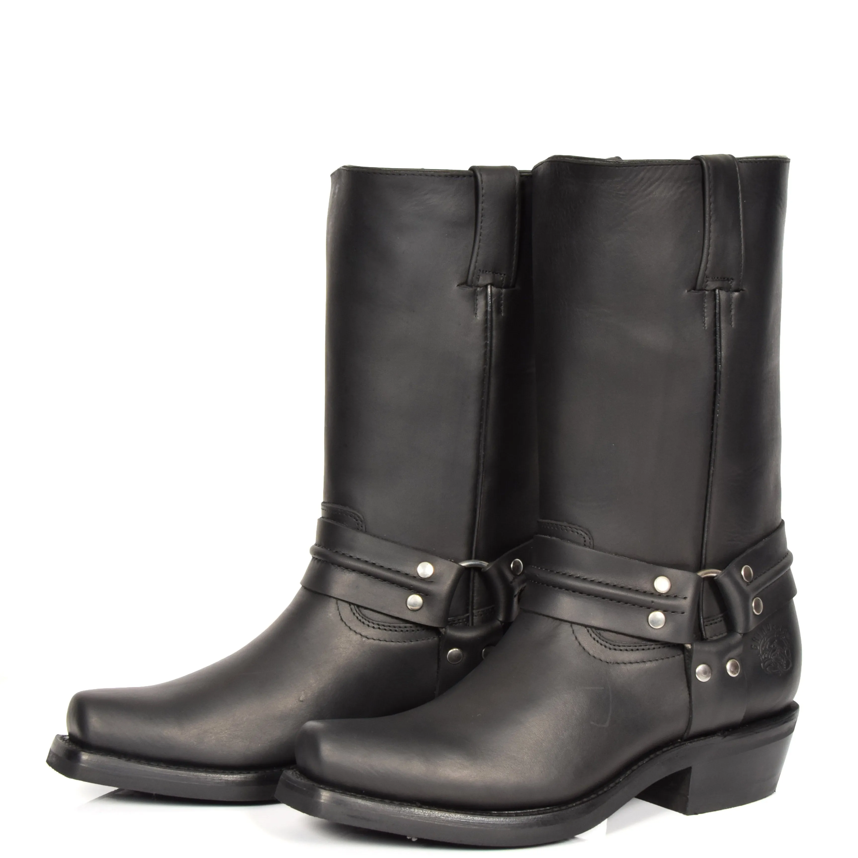 Real Leather Square Toe Cowboy Biker Boots AR69 Black