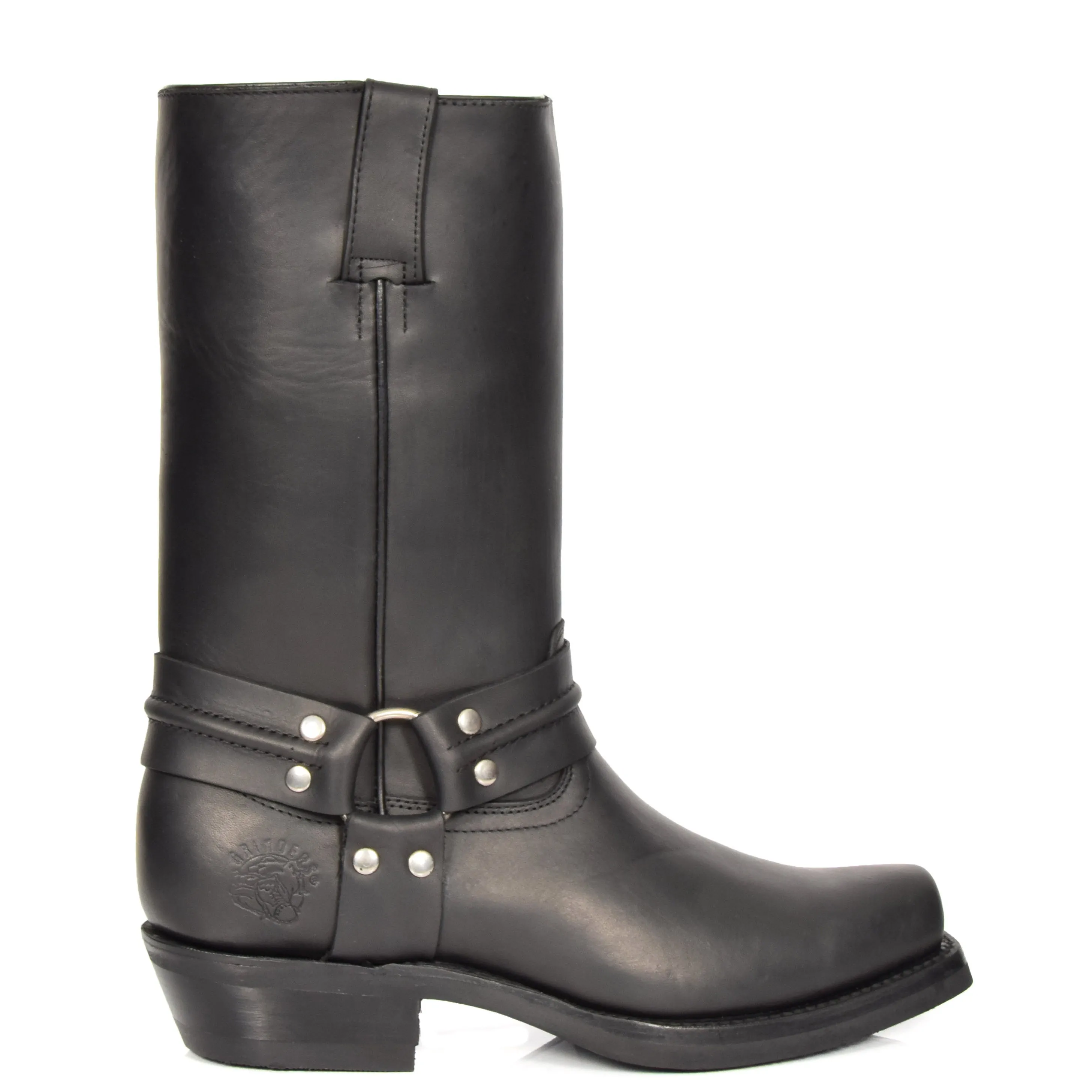 Real Leather Square Toe Cowboy Biker Boots AR69 Black