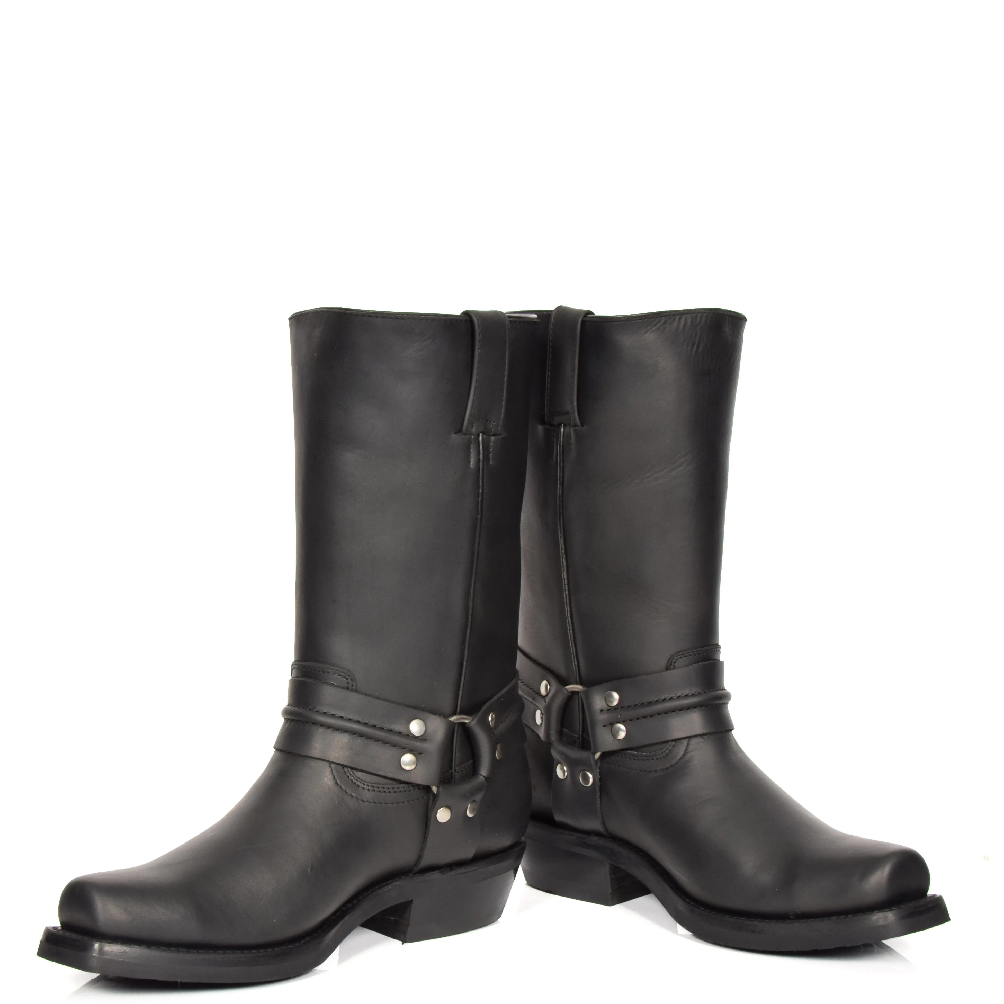 Real Leather Square Toe Cowboy Biker Boots AR69 Black