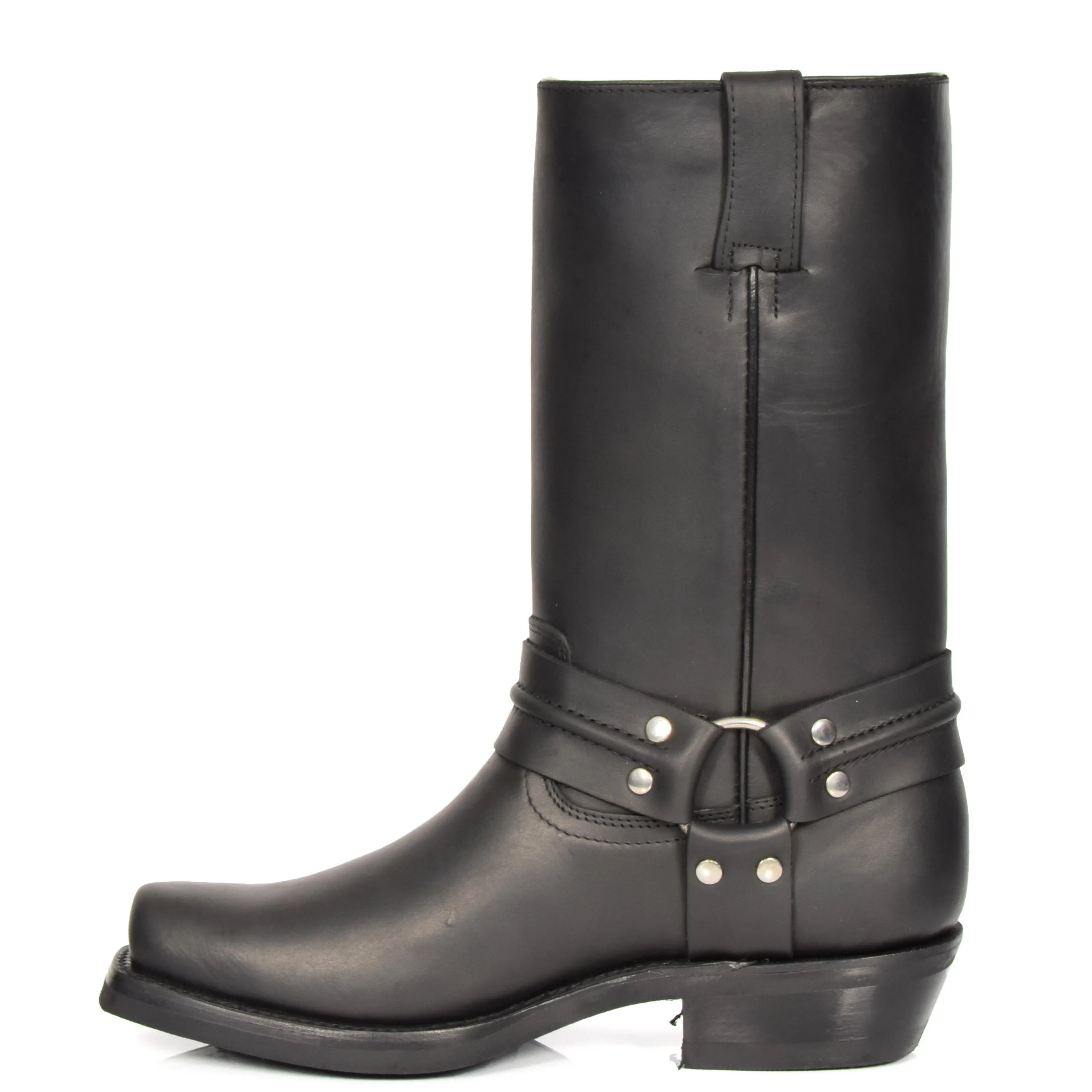 Real Leather Square Toe Cowboy Biker Boots AR69 Black