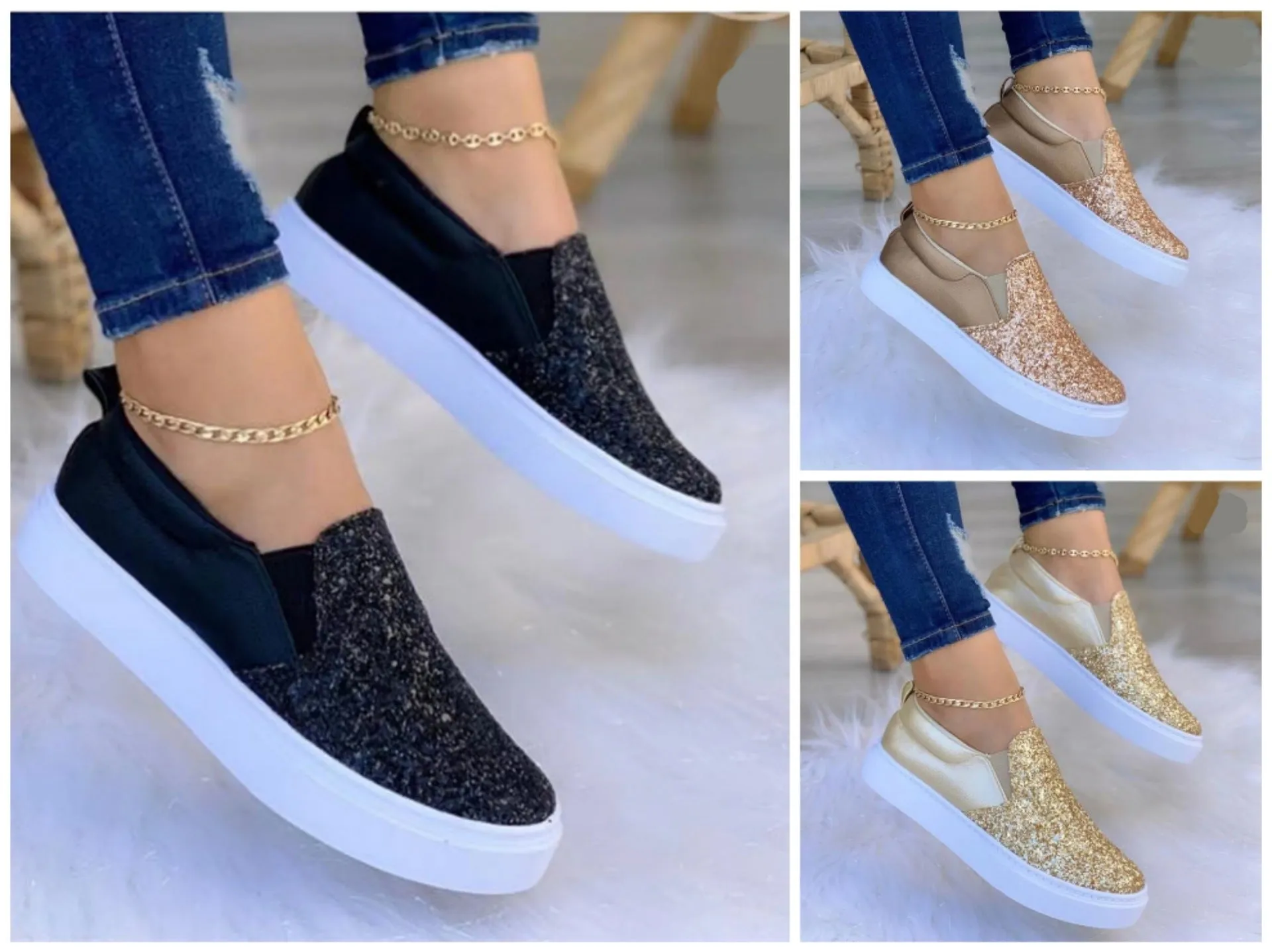 Sequins bling slip on canvas shoes for women