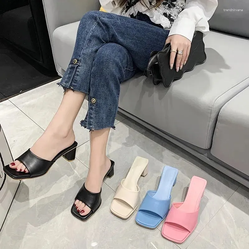 Slippers  Summer Colorful Sandals Pink Blue High Heels Women Black White Elegant Slip On Pumps Ladies Sexy Beach Slides