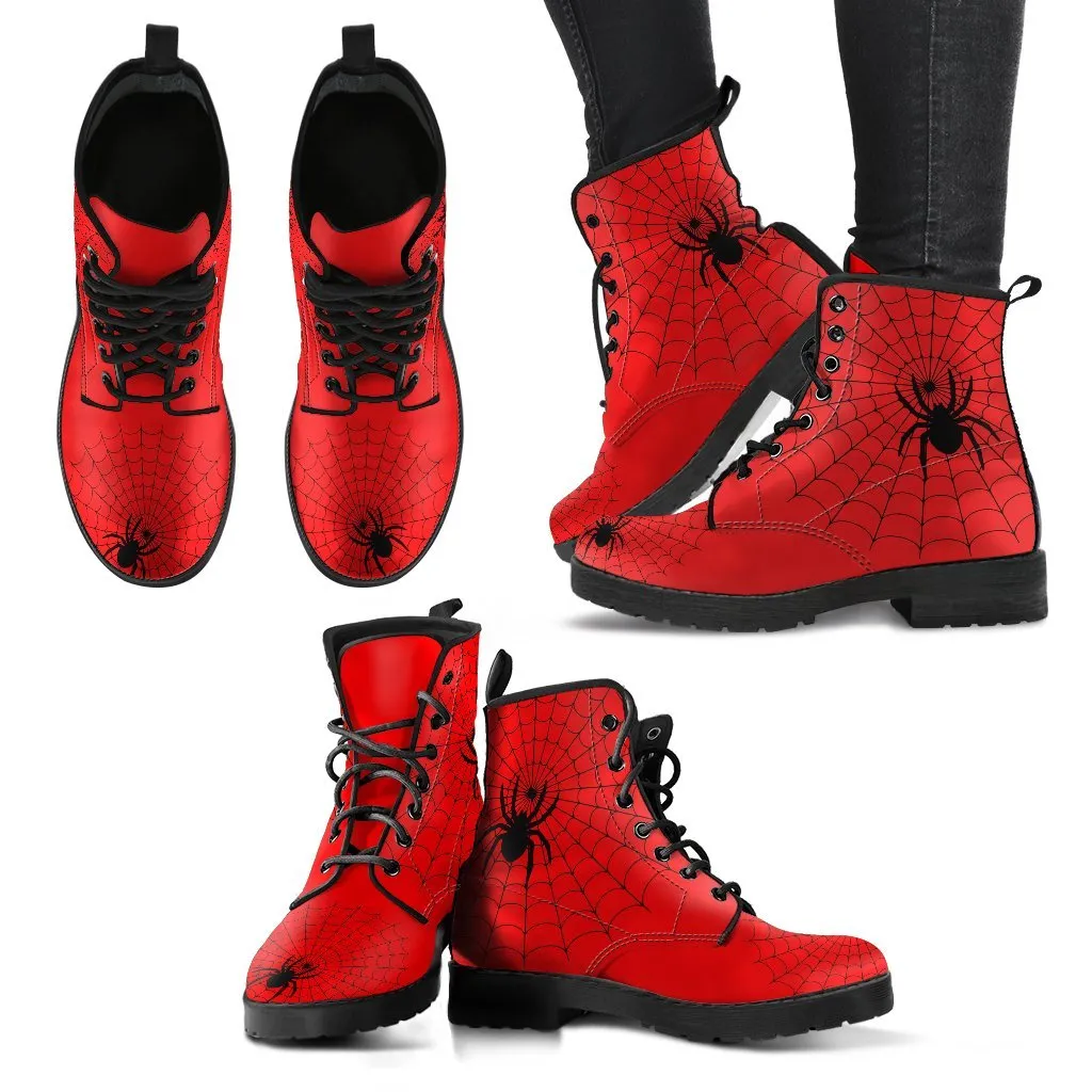 Spiderweb Boots - Red Combat Boots | Goth Boots, Gothic Boots, Handmade Lace Up Boots, Vegan Leather Lace Up Boots Women