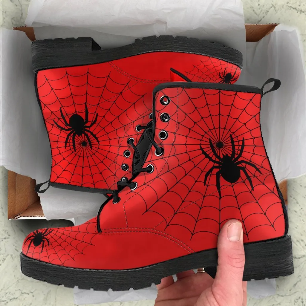 Spiderweb Boots - Red Combat Boots | Goth Boots, Gothic Boots, Handmade Lace Up Boots, Vegan Leather Lace Up Boots Women