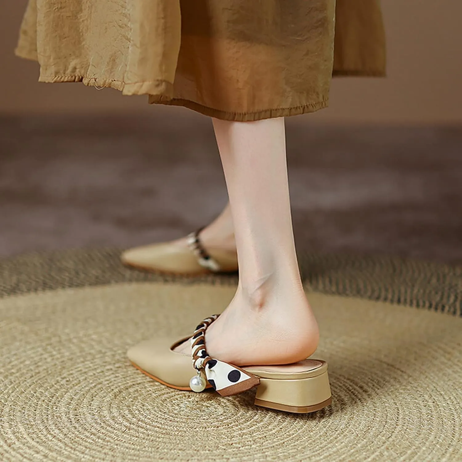 Women Chunky Low Heel Mules Backless Slip on Closed Square Toe Casual Flat Slide Mary Janes Shoes