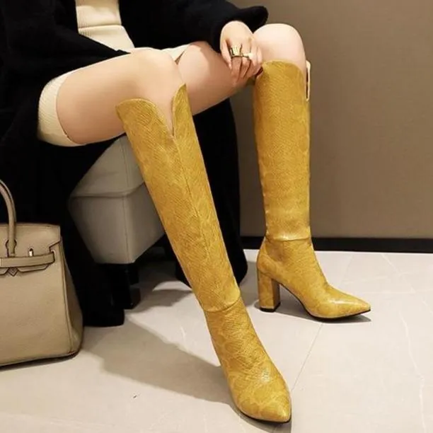 Women fashion v cut snakeskin chunky high heel knee high boots