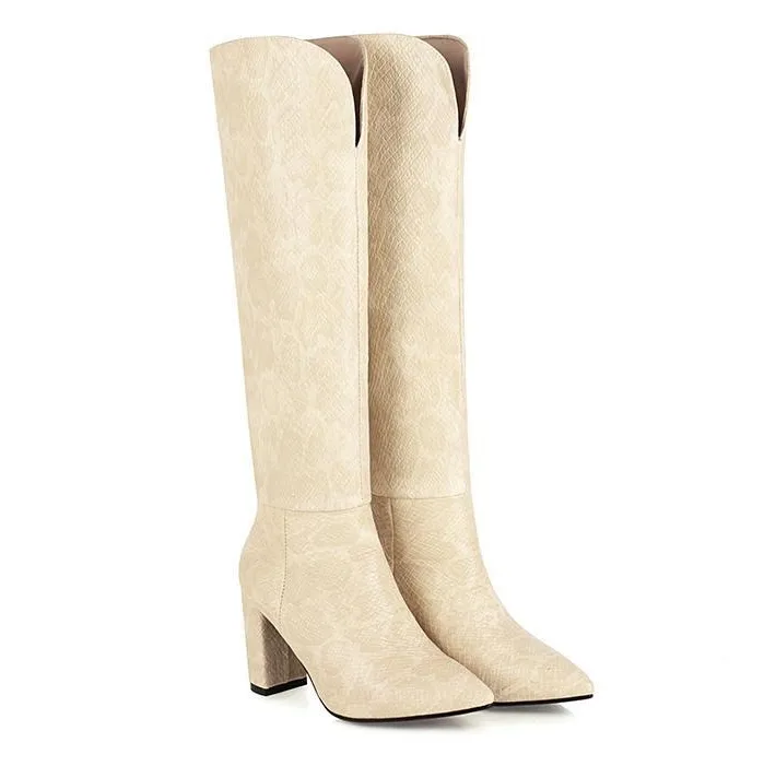 Women fashion v cut snakeskin chunky high heel knee high boots