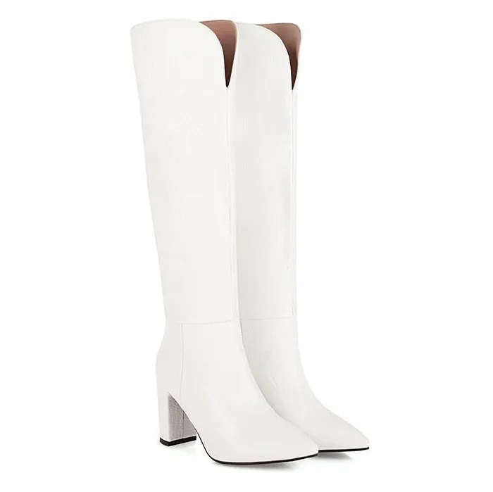 Women fashion v cut snakeskin chunky high heel knee high boots