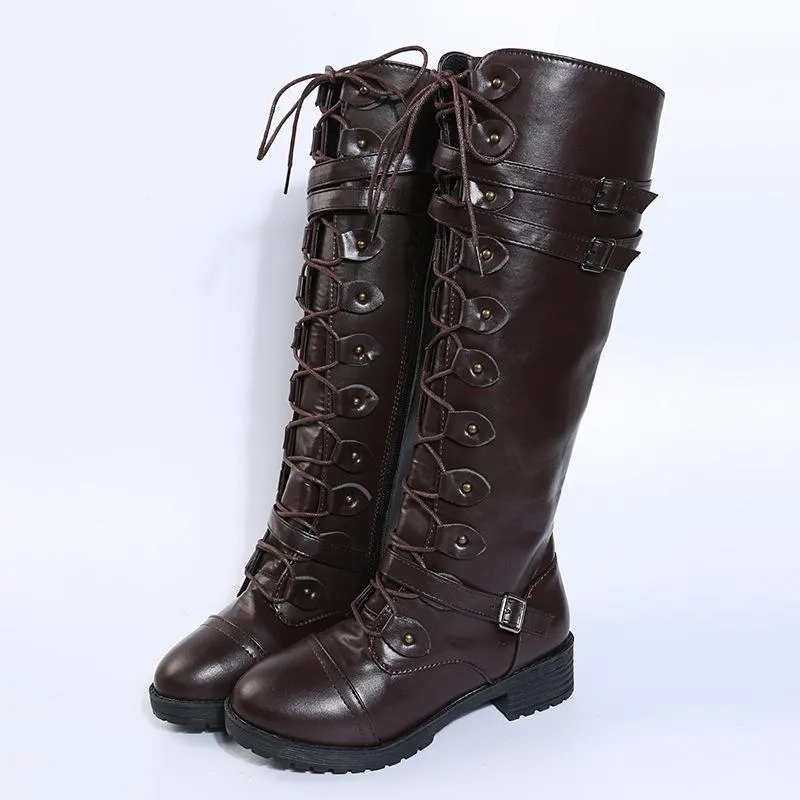 Women knee high chunky heel buckle strap lace up boots