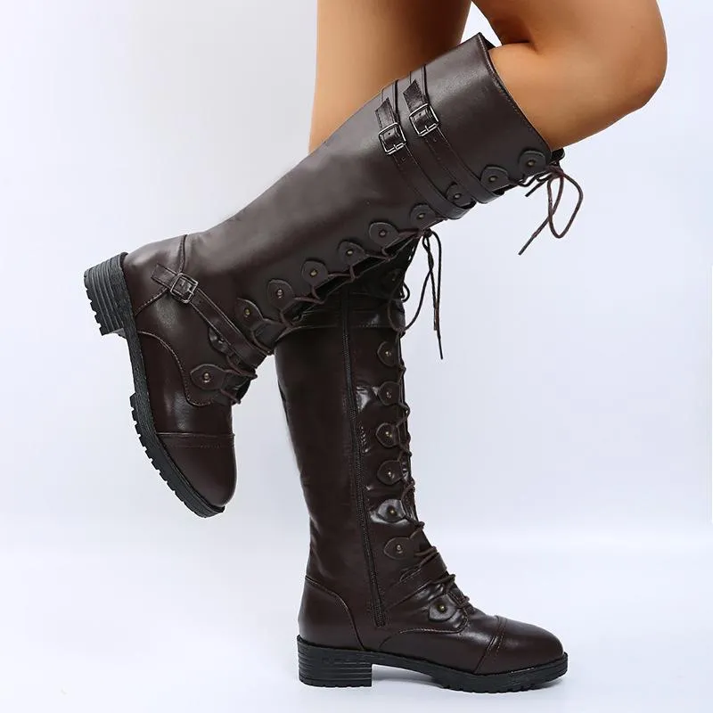 Women knee high chunky heel buckle strap lace up boots