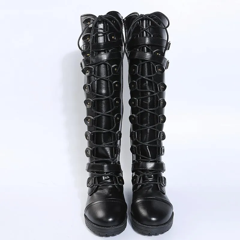 Women knee high chunky heel buckle strap lace up boots
