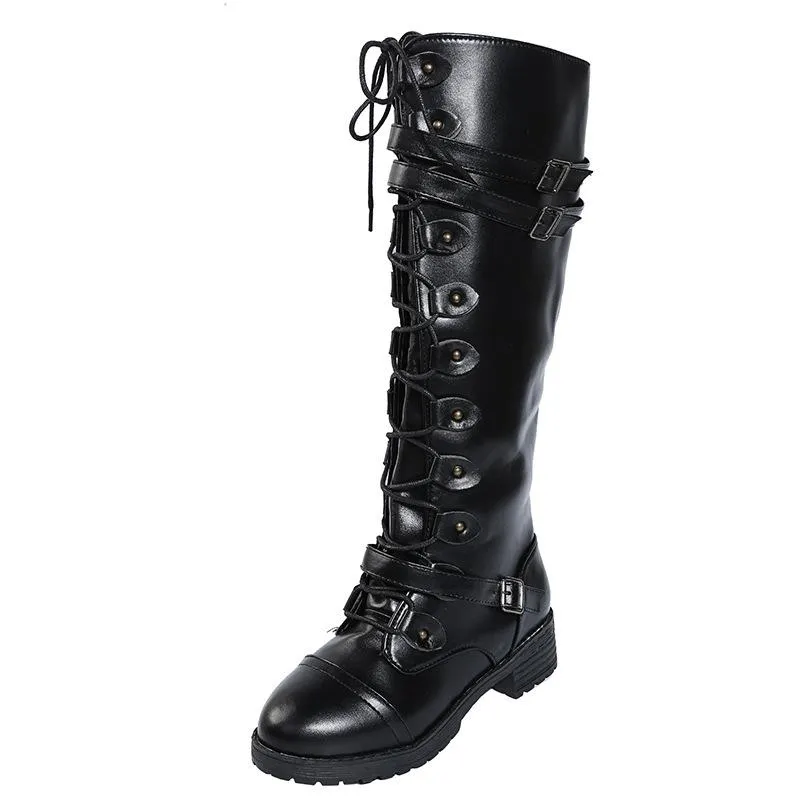 Women knee high chunky heel buckle strap lace up boots