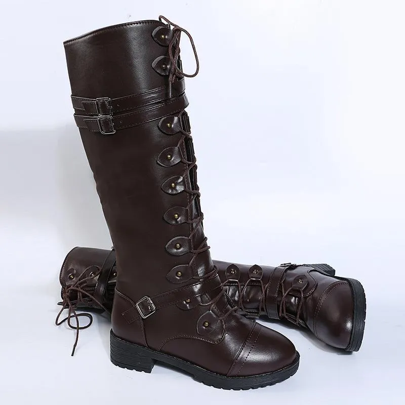 Women knee high chunky heel buckle strap lace up boots