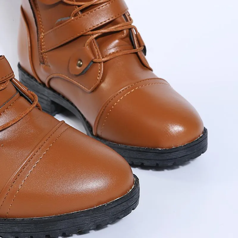Women knee high chunky heel buckle strap lace up boots