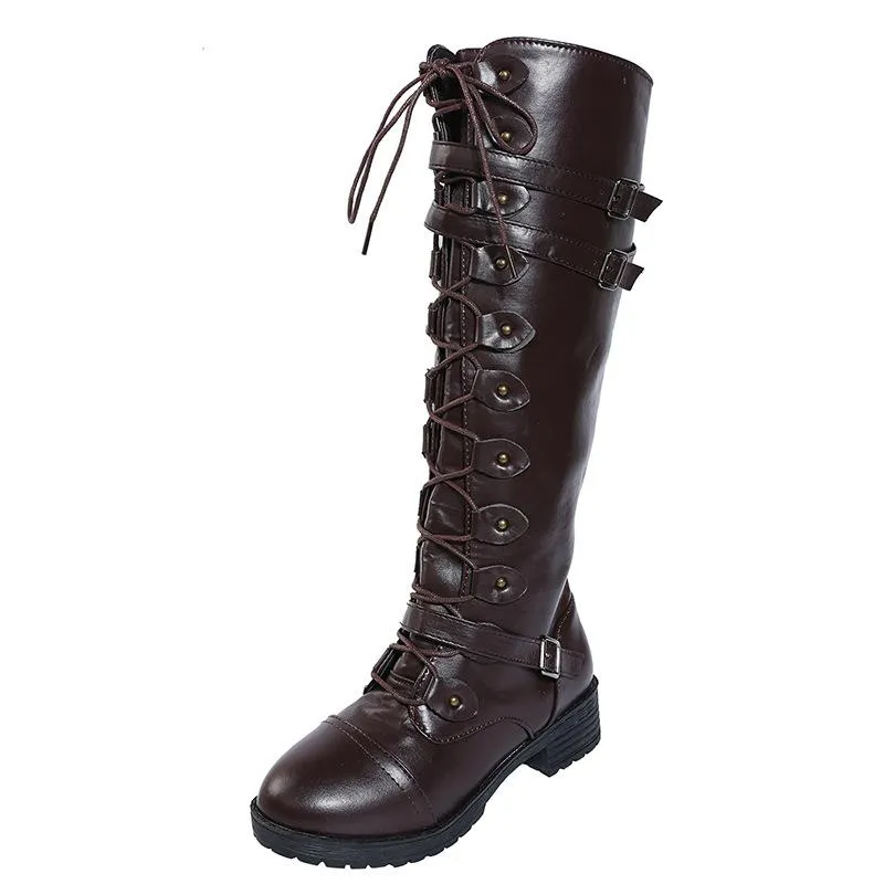 Women knee high chunky heel buckle strap lace up boots